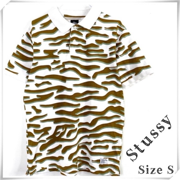 STUSSY Camouflage Print Casual Polo Shirt in White with Brown Size S - Picture 1 of 8